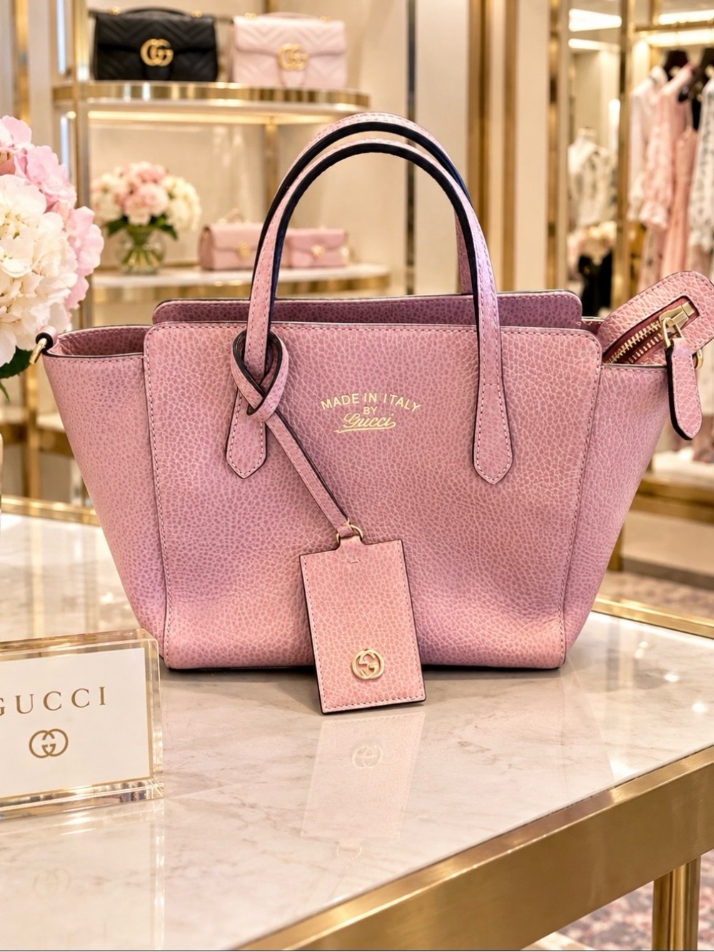 Gucci Mini Swing Tote Pink Textured Leather Top-Handle Tote with Gold Logo